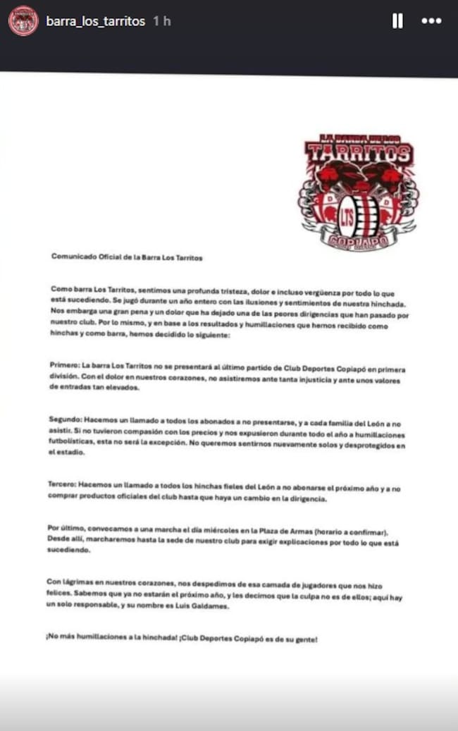 El polémico llamado de la barra oficial de Deportes Copiapó a sus hinchas pensando en Colo Colo | Instagram