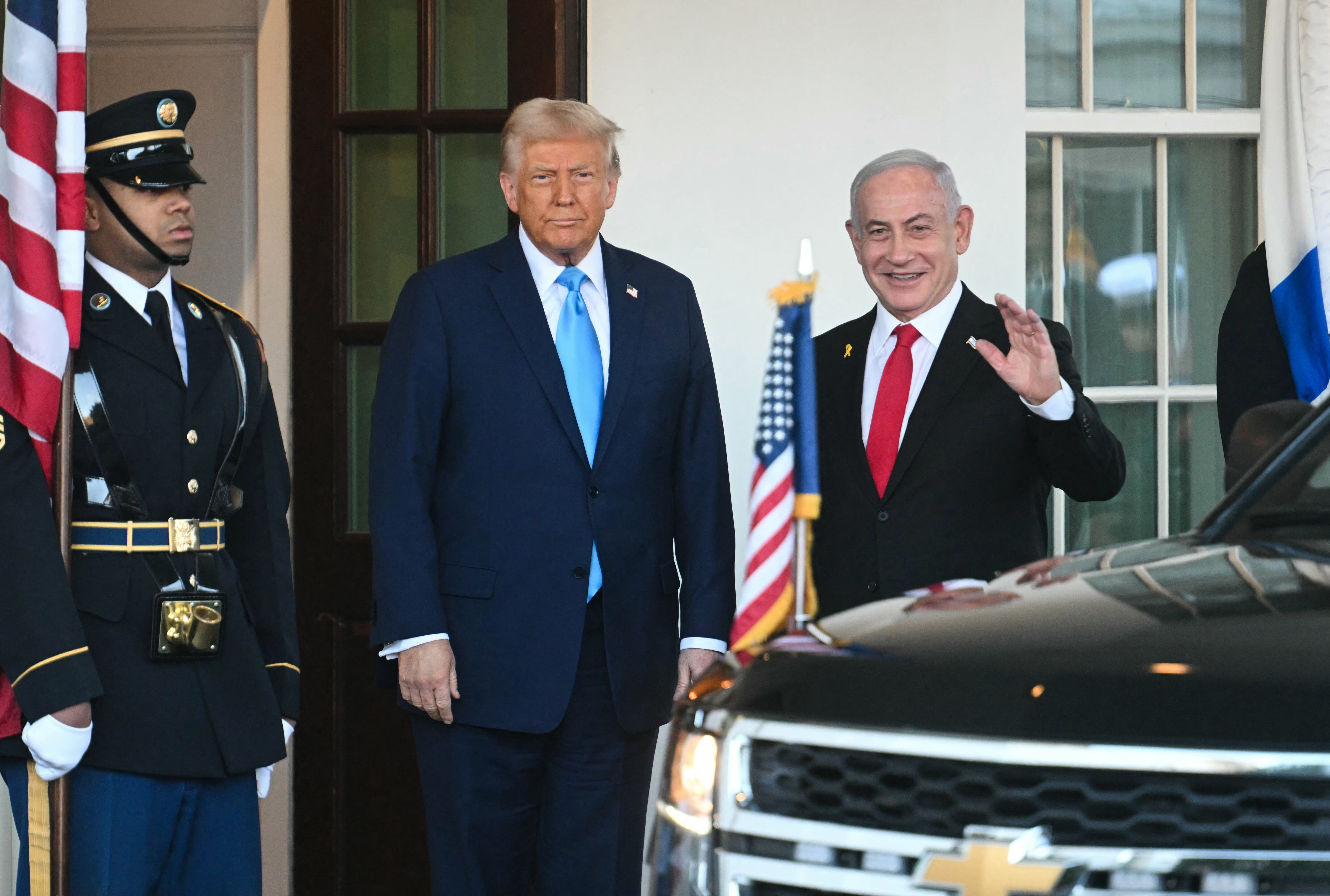 US President Donald Trump greets Israel's Prime Minister Benjamin Netanyahu as he arrives at the North Portico of the White House in Washington, DC, on February 4, 2025. (Photo by Jim WATSON / AFP) (Photo by JIM WATSON/AFP via Getty Images)          