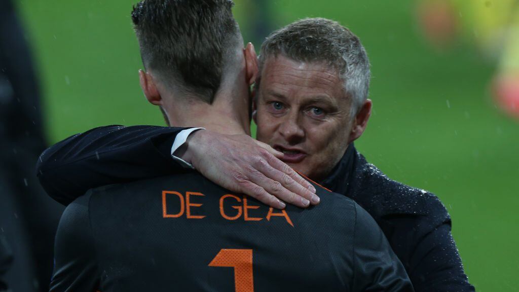 GDANSK, POLAND - MAY 26: Manager Ole Gunnar Solskjaer of Manchester United consoles David de Gea after the UEFA Europa League Final between Villarreal CF and Manchester United at Gdansk Arena on May 26, 2021 in Gdansk, Poland. (Photo by Matthew Peters/Manchester United via Getty Images)