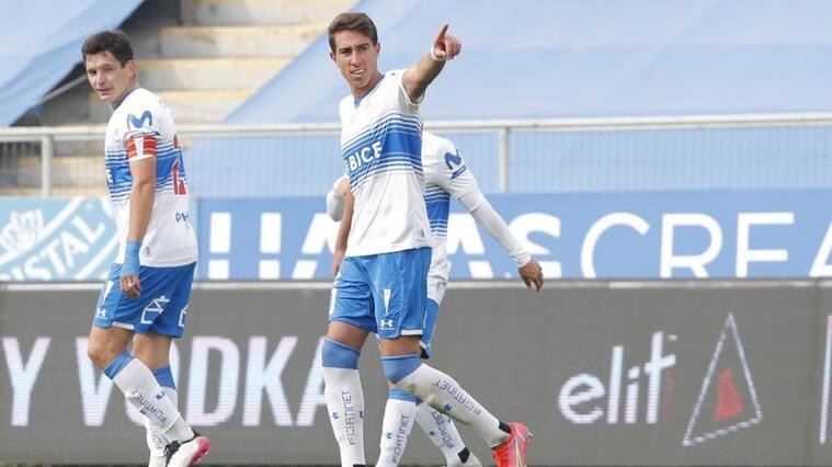 8 de Mayo del 2021/SANTIAGODiego Valencia(c) anota y celebra su segundo gol y el 3 a 0 de Universidad Catolica ,durante el partido valido por la séptima fecha del Campeonato Nacional AFP PlanVital 2021, entre Universidad Catolica vs Union La Calera, disputado en el Estadio San Carlos de Apoquindo.
FOTO:FRANCISCO LONGA/AGENCIAUNO