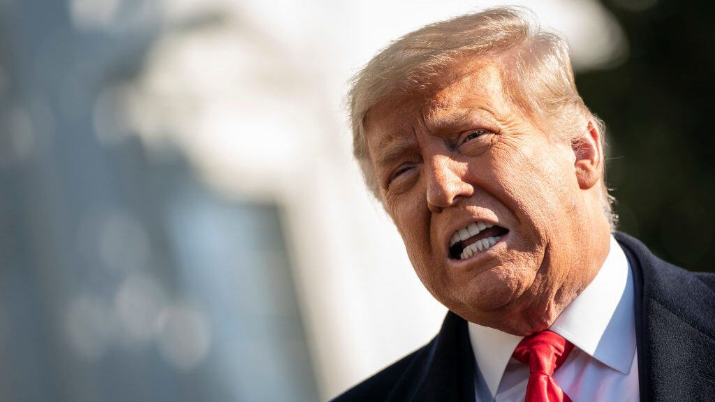 WASHINGTON, DC - JANUARY 12: U.S. President Donald Trump speaks to reporters on the South Lawn of the White House before boarding Marine One on January 12, 2021 in Washington, DC. Following last week's deadly pro-Trump riot at the U.S. Capitol, President Trump is making his first public appearance with a trip to the town of Alamo, Texas to view the construction of the wall along the U.S.-Mexico border. (Photo by Drew Angerer/Getty Images)