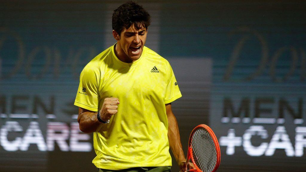 SANTIAGO, CHILE - MARCH 13: Cristian Garin of Chile celebrates his victory against Daniel Elahi Galan on Colombia during the semifinal of Chile Dove Men+Care Open at Club Deportivo Universidad CatÛlica on March 13, 2021 in Santiago, Chile. (Photo by Marcelo Hernandez/Getty Images)
