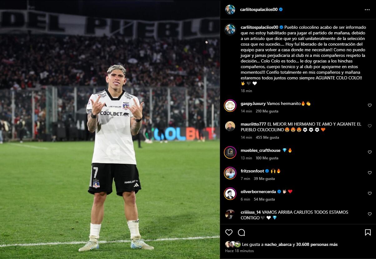 Carlos Palacios confirmó que será baja en Colo Colo para el duelo ante Calera | Instagram