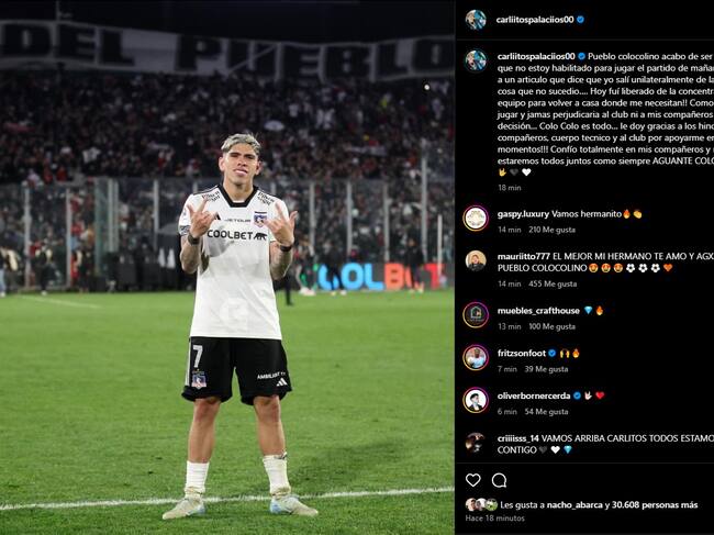 Carlos Palacios confirmó que será baja en Colo Colo para el duelo ante Calera | Instagram