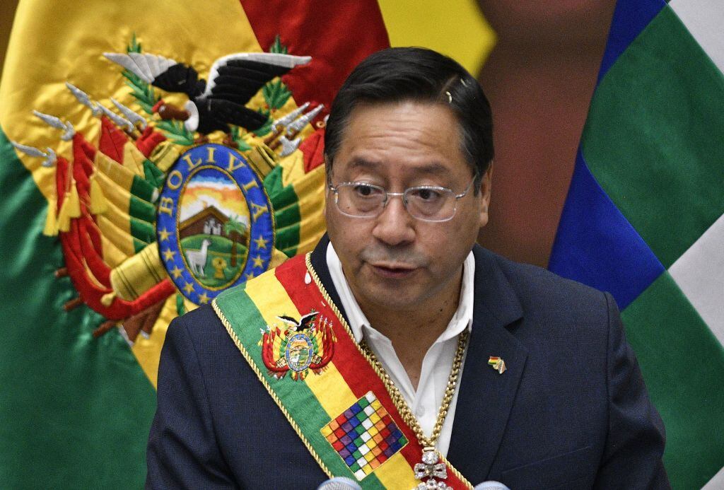 Bolivian President Luis Arce delivers a speech during the celebration of the Plurinational State of Bolivia, at the Casa Grande del Pueblo government palace in La Paz, on January 22, 2022. (Photo by AIZAR RALDES / AFP) (Photo by AIZAR RALDES/AFP via Getty Images)