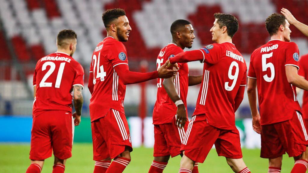 MUNICH, GERMANY - OCTOBER 21: Corentin Tolisso of FC Bayern Muenchen celebrates with teammates after scoring his team's third goal during the UEFA Champions League Group A stage match between FC Bayern Muenchen and Atletico Madrid at Allianz Arena on October 21, 2020 in Munich, Germany. (Photo by M. Donato/FC Bayern via Getty Images)