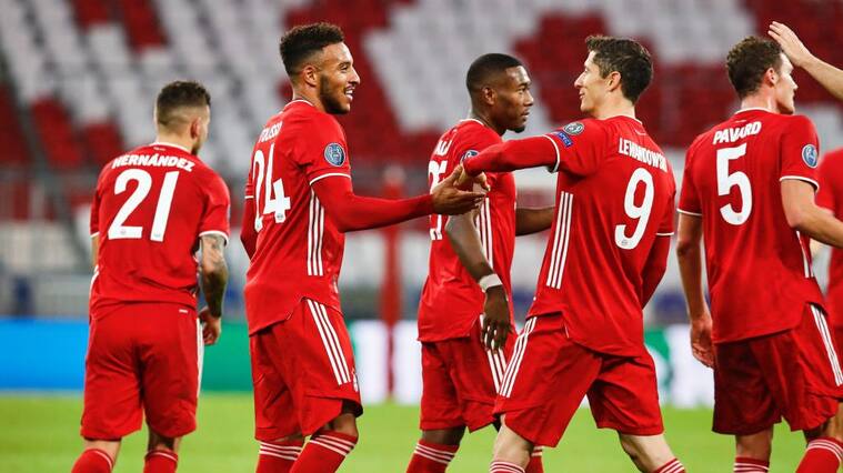 MUNICH, GERMANY - OCTOBER 21: Corentin Tolisso of FC Bayern Muenchen celebrates with teammates after scoring his team's third goal during the UEFA Champions League Group A stage match between FC Bayern Muenchen and Atletico Madrid at Allianz Arena on October 21, 2020 in Munich, Germany. (Photo by M. Donato/FC Bayern via Getty Images)