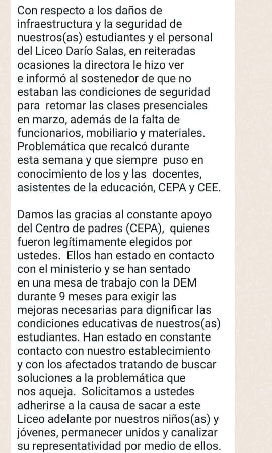 Dirección Liceo Darío Salas | Comunicado