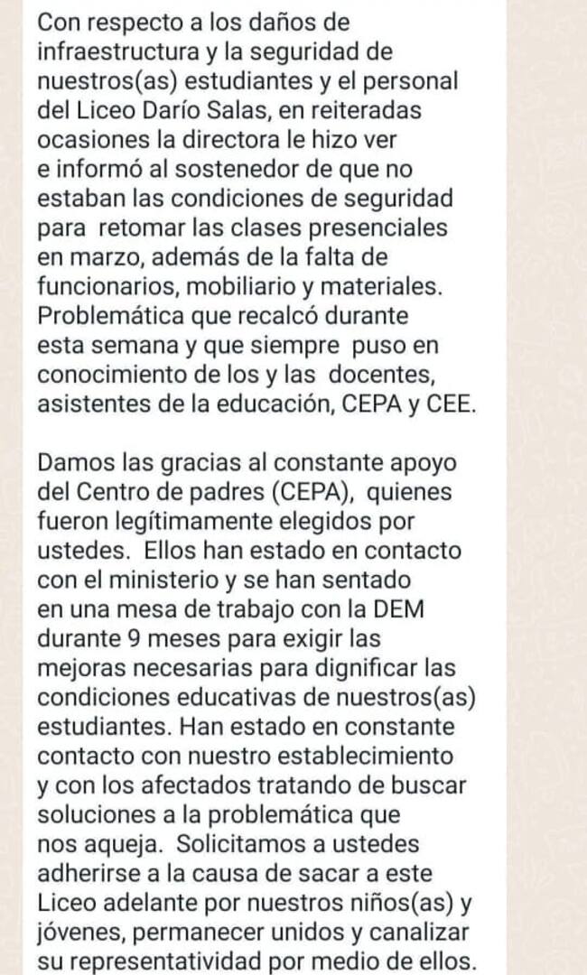 Dirección Liceo Darío Salas | Comunicado