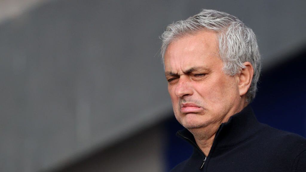 LIVERPOOL, ENGLAND - APRIL 16: Jose Mourinho, Manager of Tottenham Hotspur reacts prior to the Premier League match between Everton and Tottenham Hotspur at Goodison Park on April 16, 2021 in Liverpool, England. Sporting stadiums around the UK remain under strict restrictions due to the Coronavirus Pandemic as Government social distancing laws prohibit fans inside venues resulting in games being played behind closed doors. (Photo by Clive Brunskill/Getty Images)