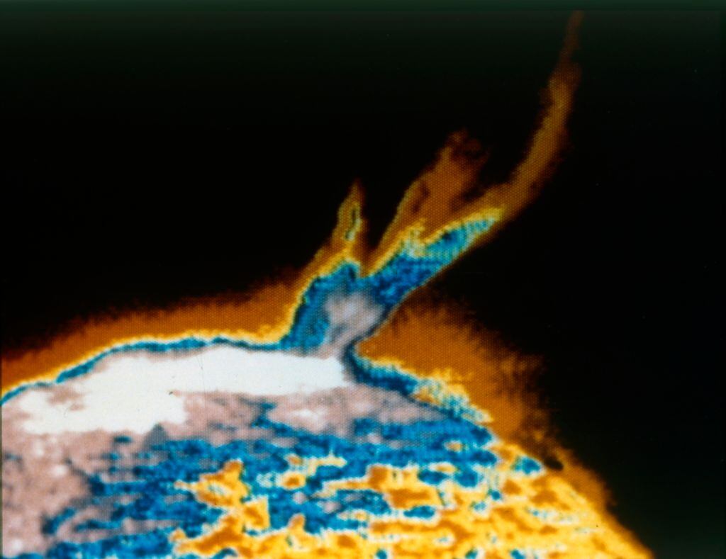 Thermal image of an eruption or flare on the surface of the Sun. Solar flares are giant explosions on the Sun that send energy, light and high speed particles into space. Artist NASA. (Photo by Heritage Space/Heritage Images/Getty Images)