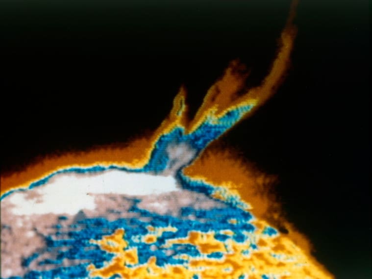 Thermal image of an eruption or flare on the surface of the Sun. Solar flares are giant explosions on the Sun that send energy, light and high speed particles into space. Artist NASA. (Photo by Heritage Space/Heritage Images/Getty Images)