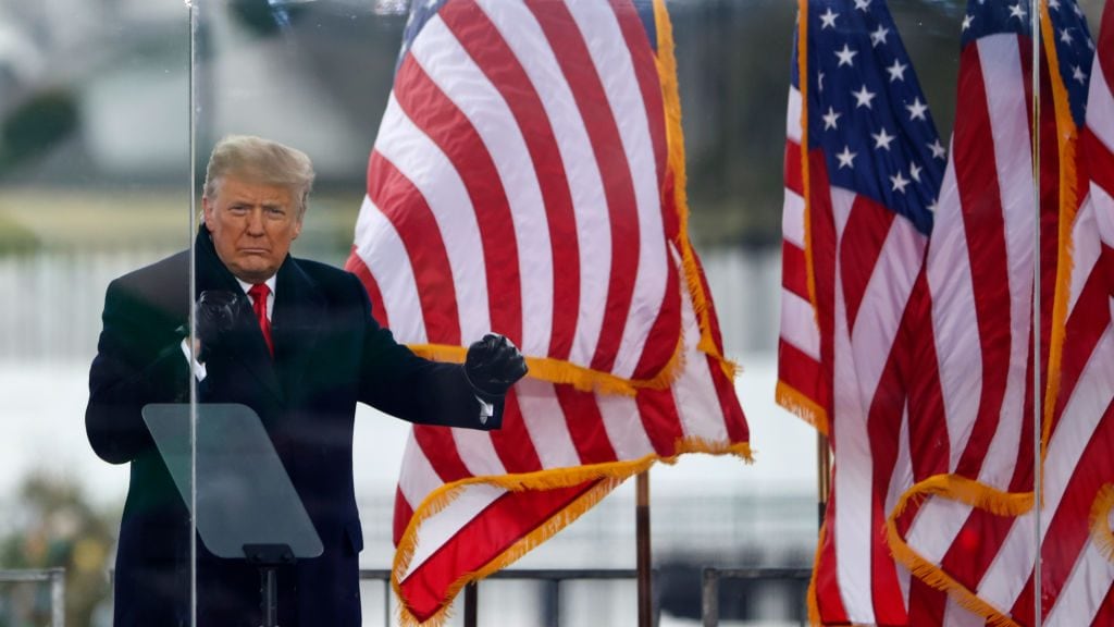 WASHINGTON, DC - JANUARY 06: President Donald Trump greets the crowd at the "Stop The Steal" Rally on January 06, 2021 in Washington, DC. Trump supporters gathered in the nation's capital today to protest the ratification of President-elect Joe Biden's Electoral College victory over President Trump in the 2020 election. (Photo by Tasos Katopodis/Getty Images)