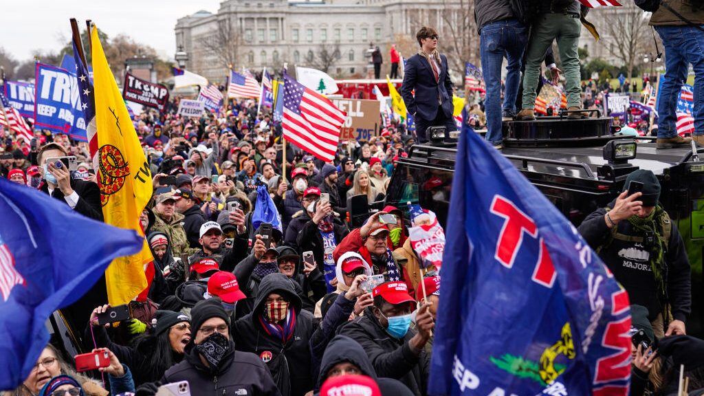 WASHINGTON, DC - JANUARY 06: WASHINGTON, DC - JANUARY 06: Crowds gather outside the U.S. Capitol for the "Stop the Steal" rally on January 06, 2021 in Washington, DC. Trump supporters gathered in the nation's capital today to protest the ratification of President-elect Joe Biden's Electoral College victory over President Trump in the 2020 election.(Photo by Robert Nickelsberg/Getty Images)