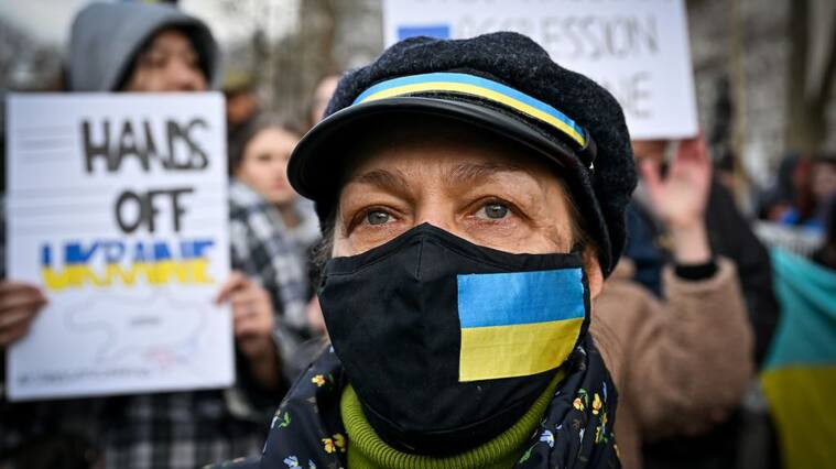 LONDON, ENGLAND - FEBRUARY 24: A Ukrainian demonstrates outside Downing Street against the recent invasion of Ukraine on February 24, 2022 in London, England. Overnight, Russia began a large-scale attack on Ukraine, with explosions reported in multiple cities and far outside the restive eastern regions held by Russian-backed rebels. European governments reacted with widespread condemnation and vows of more sanctions. (Photo by Jeff J Mitchell/Getty Images)