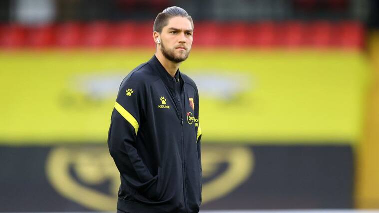 WATFORD, ENGLAND - SEPTEMBER 11: Francisco Sierralta of Watford inspects the pitch prior to the Sky Bet Championship match between Watford and Middlesbrough at Vicarage Road on September 11, 2020 in Watford, England. (Photo by Richard Heathcote/Getty Images)