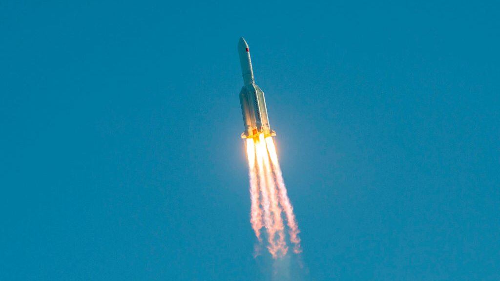 A Long March 5B rocket lifts off from the the Wenchang launch site on China's southern Hainan island on May 5, 2020. - Chinese state media reported the "successful" launch of a new rocket on May 5, a major test of its ambitions to operate a permanent space station and send astronauts to the Moon. (Photo by STR / AFP) / China OUT (Photo by STR/AFP via Getty Images)
