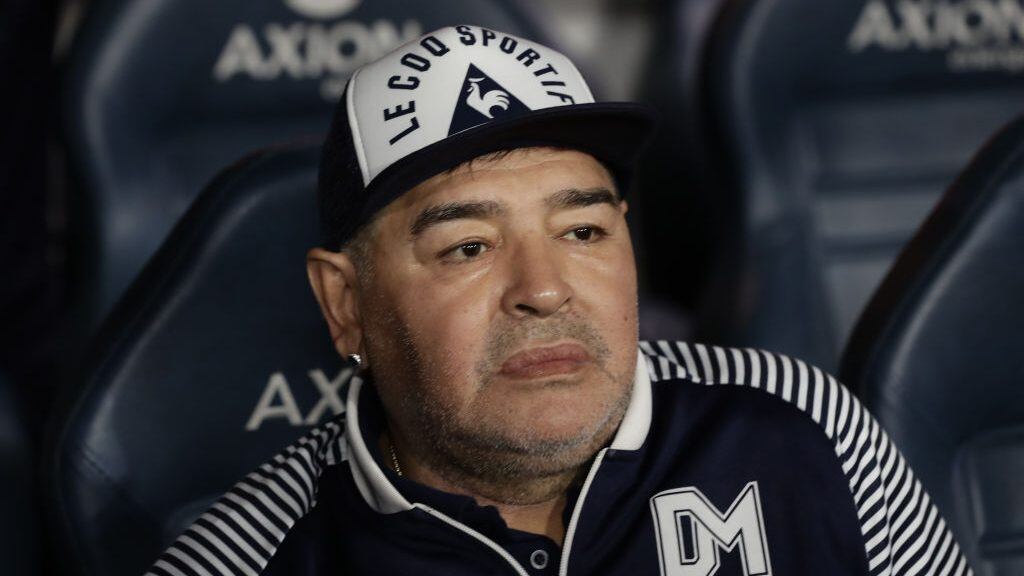 Argentine former football star Diego Maradona gestures during an homage before the start of the Argentina First Division 2020 Superliga Tournament football match Boca Juniors vs Gimnasia La Plata, at La Bombonera stadium, in Buenos Aires, on March 7, 2020. (Photo by ALEJANDRO PAGNI / AFP) (Photo by ALEJANDRO PAGNI/AFP via Getty Images)