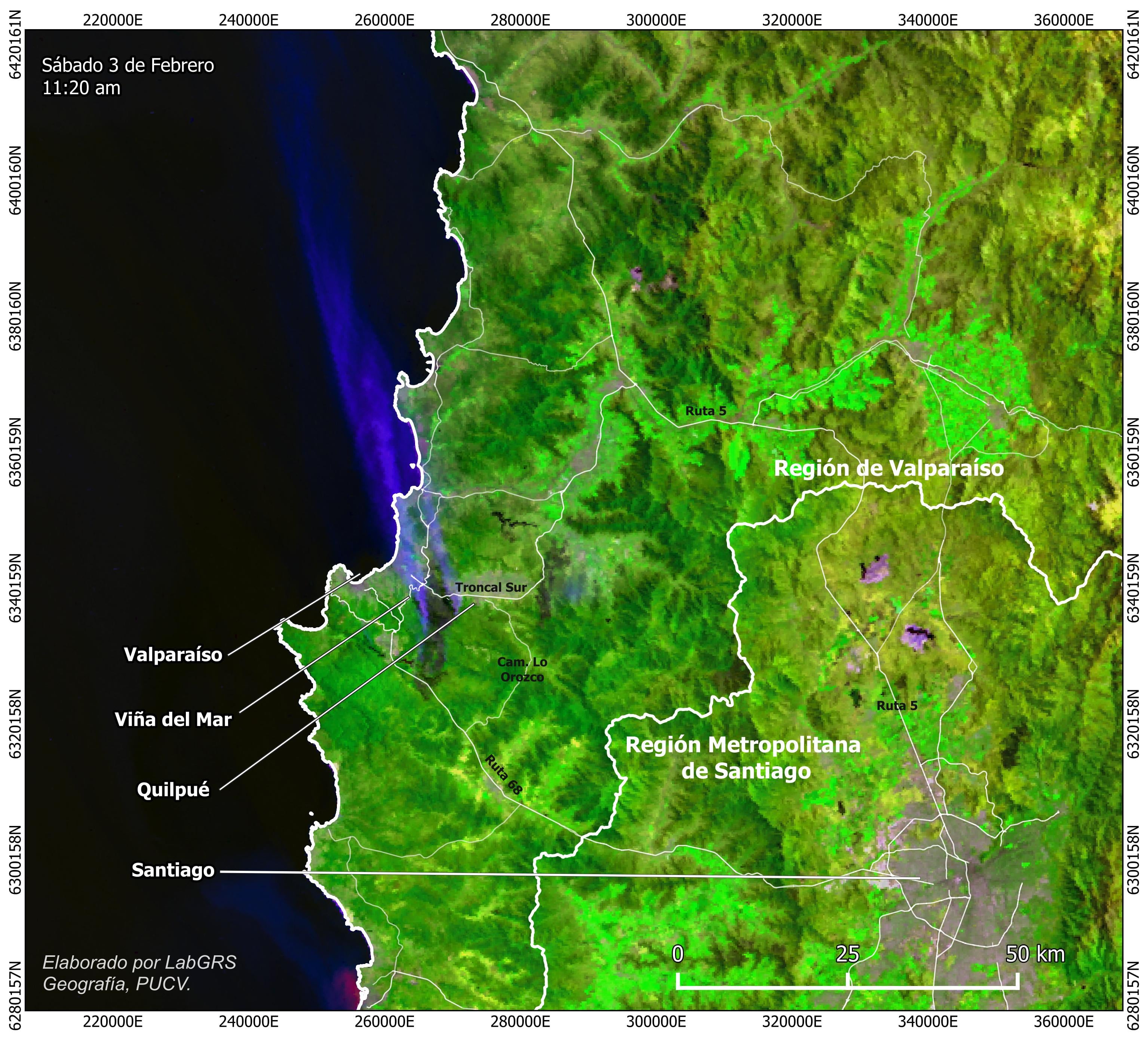 Imagen Sentinel 3 en plena emergencia (3-2-2024), mostrando la pluma de los incendios proyectándose en dirección a los centros urbanos, hacia el norte. / NASA