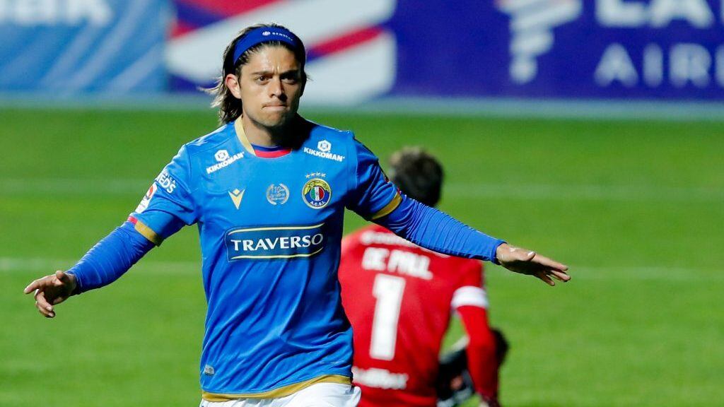 31 de Mayo del 2021/RANCAGUAJoaquín Montecinos(c) celebra su primer gol y el 1 a 1 de Audaz Italiano ,durante el partido valido por la novena fecha del Campeonato Nacional AFP PlanVital 2021, entre Audax Italiano vs Universidad de Chile, disputado en el Estadio El Teniente.
FOTO:FRANCISCO LONGA/AGENCIAUNO