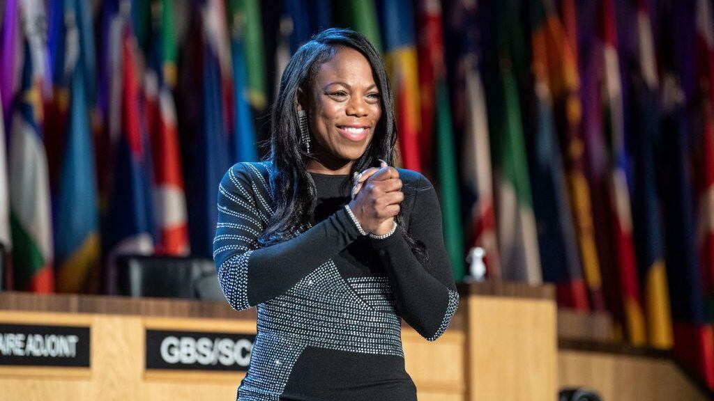 US teacher Keishia Thorpe reacts after winning the Global Teacher Prize 2021 at the UNESCO headquarters in Paris, on November 10, 2021. (Photo by BERTRAND GUAY / AFP) (Photo by BERTRAND GUAY/AFP via Getty Images)