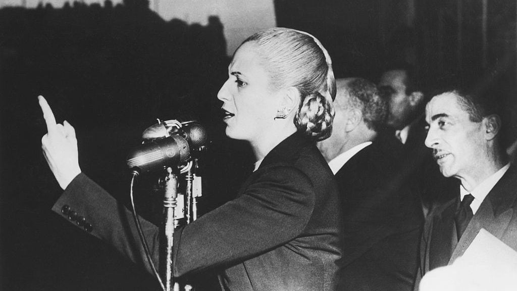 Argentine First Lady Eva Peron gives an election speech at a mass labor meeting.
