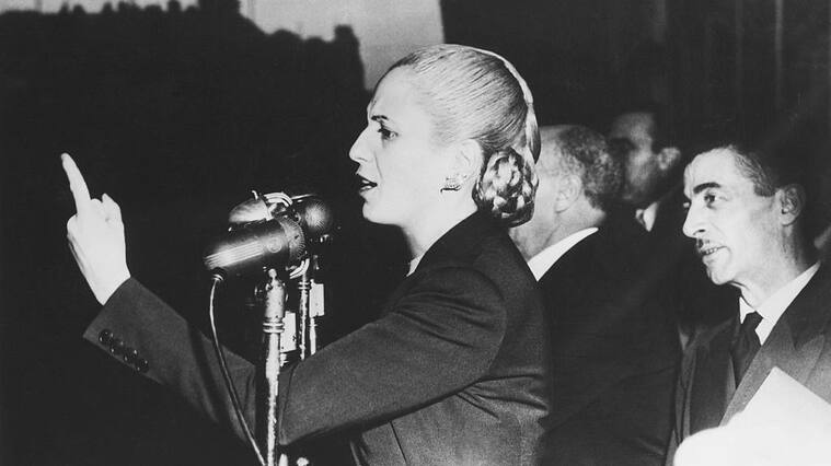Argentine First Lady Eva Peron gives an election speech at a mass labor meeting.
