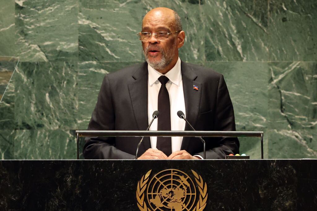 El ahora renunciado primer ministro de Haití, Ariel Henry, hablando en Nueva York ante la asamblea general de la ONU.