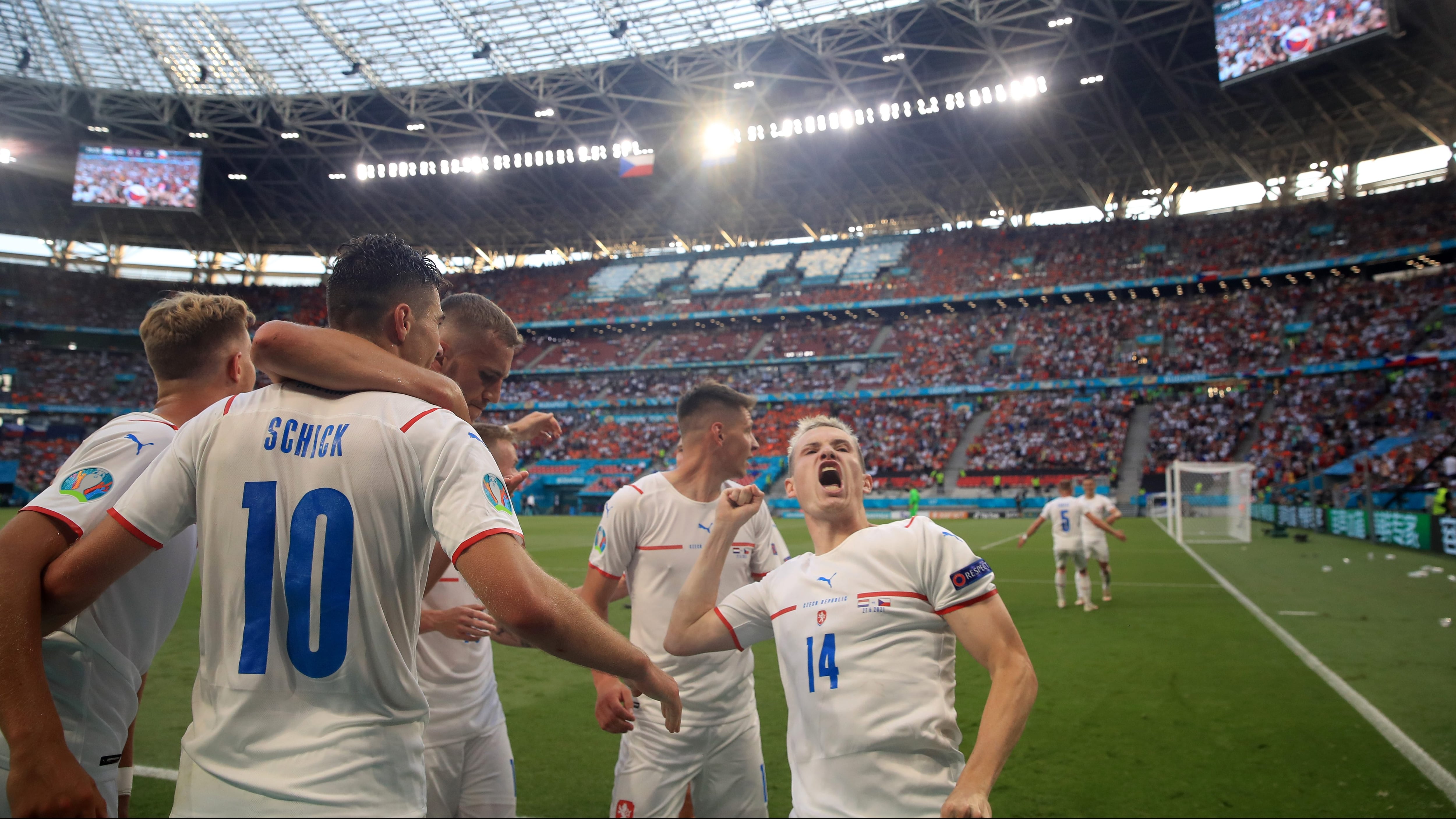 BUDAPEST, HUNGARY - JUNE 27: Patrik Schick of Czech Republic celebrates with team mates after scoring their side's second goal during the UEFA Euro 2020 Championship Round of 16 match between Netherlands and Czech Republic at Puskas Arena on June 27, 2021 in Budapest, Hungary. (Photo by Alex Pantling/Getty Images)