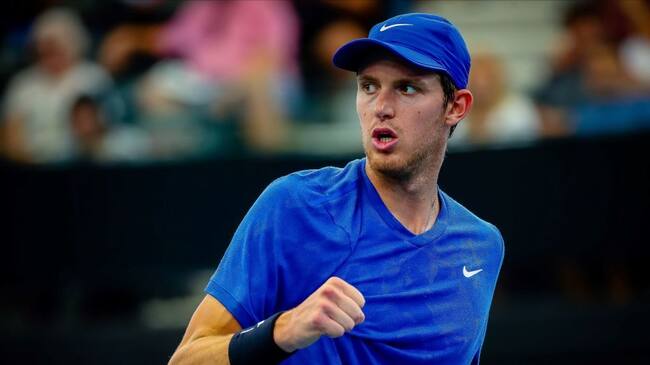 Nicolas Jarry of Chile reacts while playing against Dusan Lajovic of Serbia during their men's singles match on day six of the ATP Cup tennis tournament in Brisbane on January 8, 2020. (Photo by Patrick HAMILTON / AFP) / -- IMAGE RESTRICTED TO EDITORIAL USE - STRICTLY NO COMMERCIAL USE -- (Photo by PATRICK HAMILTON/AFP /AFP via Getty Images)