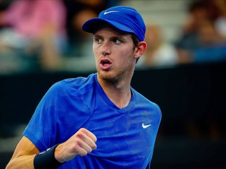 Nicolas Jarry of Chile reacts while playing against Dusan Lajovic of Serbia during their men's singles match on day six of the ATP Cup tennis tournament in Brisbane on January 8, 2020. (Photo by Patrick HAMILTON / AFP) / -- IMAGE RESTRICTED TO EDITORIAL USE - STRICTLY NO COMMERCIAL USE -- (Photo by PATRICK HAMILTON/AFP /AFP via Getty Images)