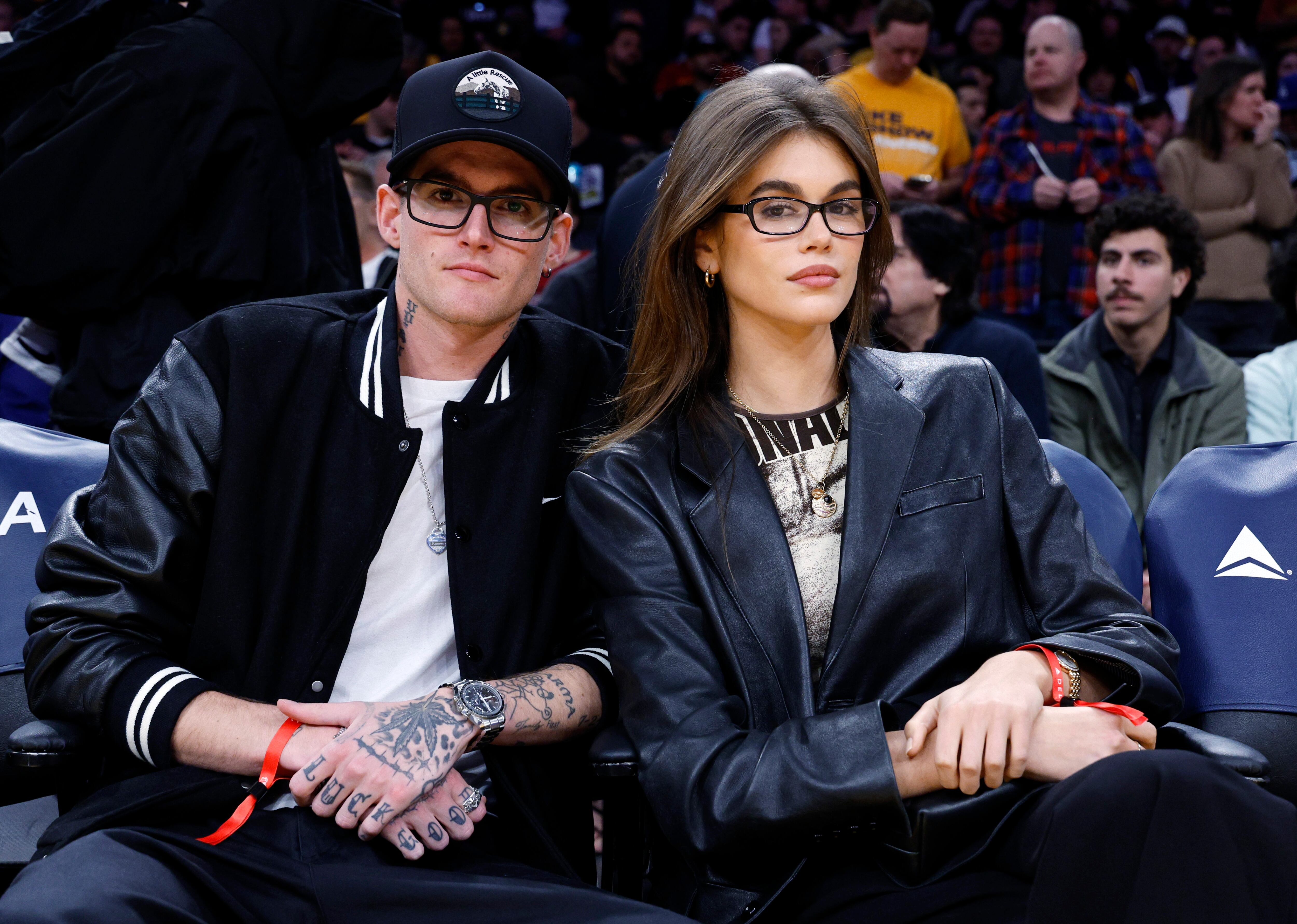 LOS ANGELES, CALIFORNIA - FEBRUARY 23: Kaia Gerber and Presley Gerber attend the Los Angeles Lakers and San Antonio Spurs basketball game at Crypto.com Arena on February 23, 2024 in Los Angeles, California. NOTE TO USER: User expressly acknowledges and agrees that, by downloading and or using this photograph, User is consenting to the terms and conditions of the Getty Images License Agreement. (Photo by Kevork Djansezian/Getty Images)