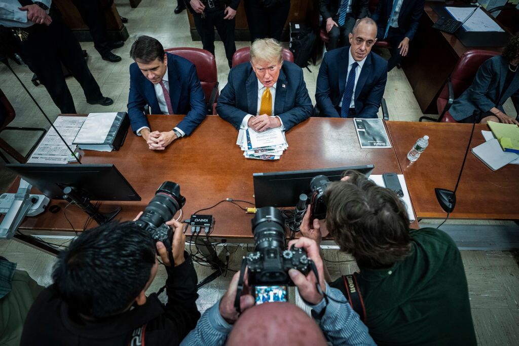 NEW YORK, NEW YORK - MAY 29: Former U.S. President Donald Trump with attorneys Todd Blanche and Emil Bove attends his criminal trial at Manhattan Criminal Court on May 29, 2024 in New York City. Judge Juan Merchan will give the jury their instructions before they begin deliberations today. The former president faces 34 felony counts of falsifying business records in the first of his criminal cases to go to trial. (Photo by Jabin Botsford-Pool/Getty Images)
