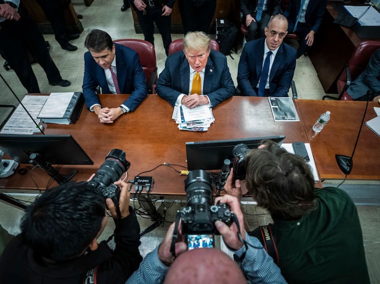NEW YORK, NEW YORK - MAY 29: Former U.S. President Donald Trump with attorneys Todd Blanche and Emil Bove attends his criminal trial at Manhattan Criminal Court on May 29, 2024 in New York City. Judge Juan Merchan will give the jury their instructions before they begin deliberations today. The former president faces 34 felony counts of falsifying business records in the first of his criminal cases to go to trial. (Photo by Jabin Botsford-Pool/Getty Images)
