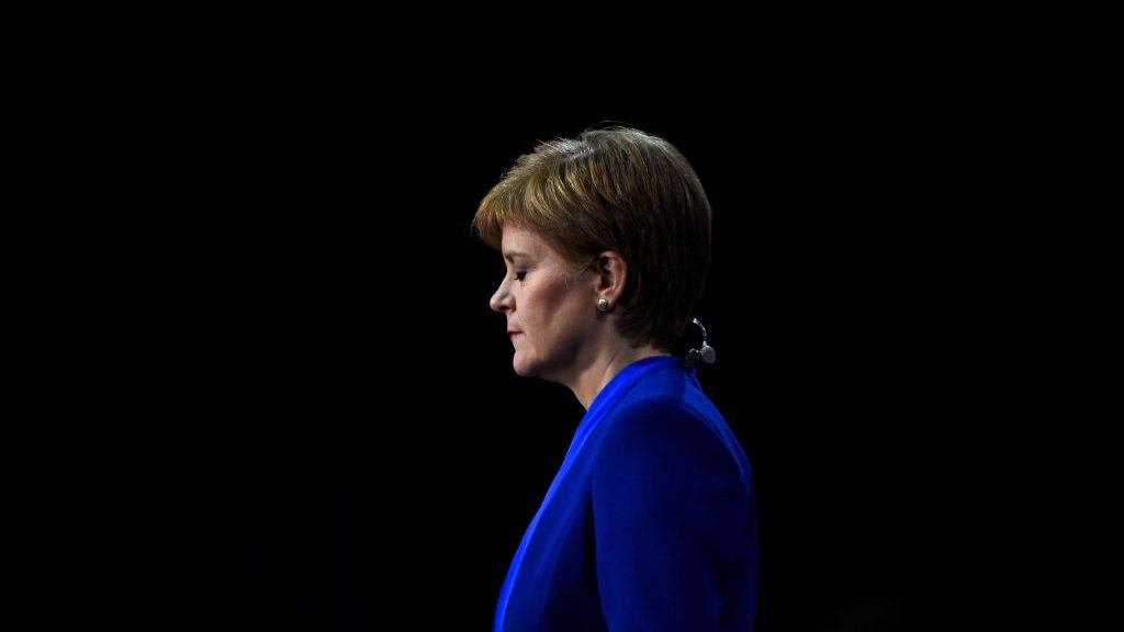 TOPSHOT - Scottish National Party (SNP) leader and Scotland's First Minister Nicola Sturgeon reacts at the count centre in Glasgow on December 13, 2019 after votes are counted in the UK general election. (Photo by ANDY BUCHANAN / AFP) (Photo by ANDY BUCHANAN/AFP via Getty Images)