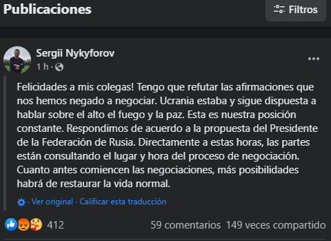 Publicación realizada por Serguéi Nikíforov en su perfil de Facebook.