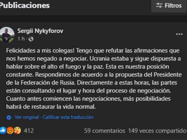 Publicación realizada por Serguéi Nikíforov en su perfil de Facebook.