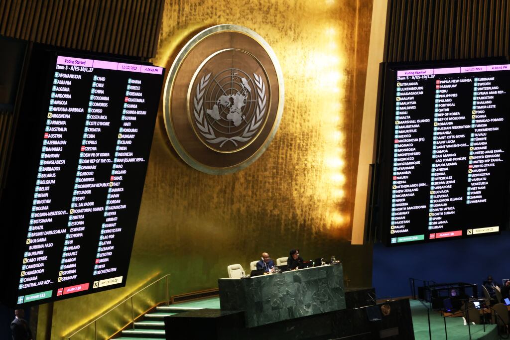 La votación por amplia mayoría a favor de un alto al fuego humanitario en Gaza, realizada en la Asamblea General de la ONU en la sede central en Nueva York