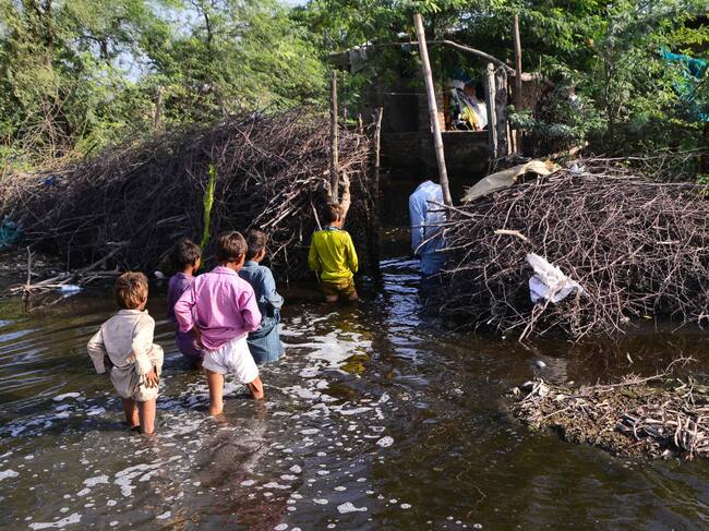 Un grupo de niños caminan en el agua en la provincia de Sindh