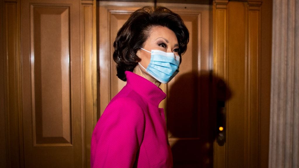 UNITED STATES - January 3: Transportation Secretary Elaine Chao arrives to the Capitol for her the swearing in of her husband, Senate Majority Leader Mitch McConnell, R-Ky., in Washington on Sunday, Jan. 3, 2021. Both chambers are holding rare Sunday sessions to open the new Congress on January 3 as required by the Constitution. (Photo by Caroline Brehman/CQ-Roll Call, Inc via Getty Images)