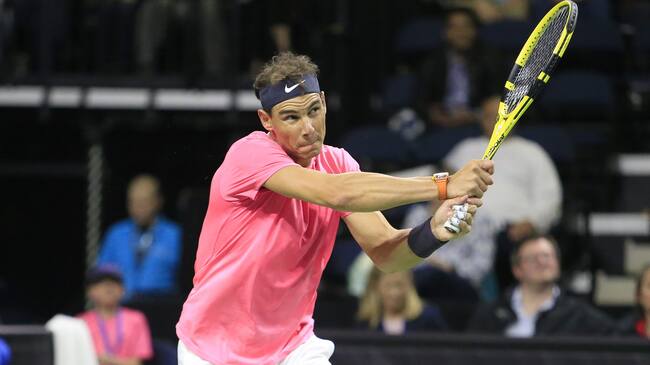 DULUTH, GA - MARCH 02: Rafael Nadal hits a backhand during the match on March 02, 2020 at Infinite Energy Arena in Duluth, GA. (Photo by David J. Griffin/Icon Sportswire via Getty Images)