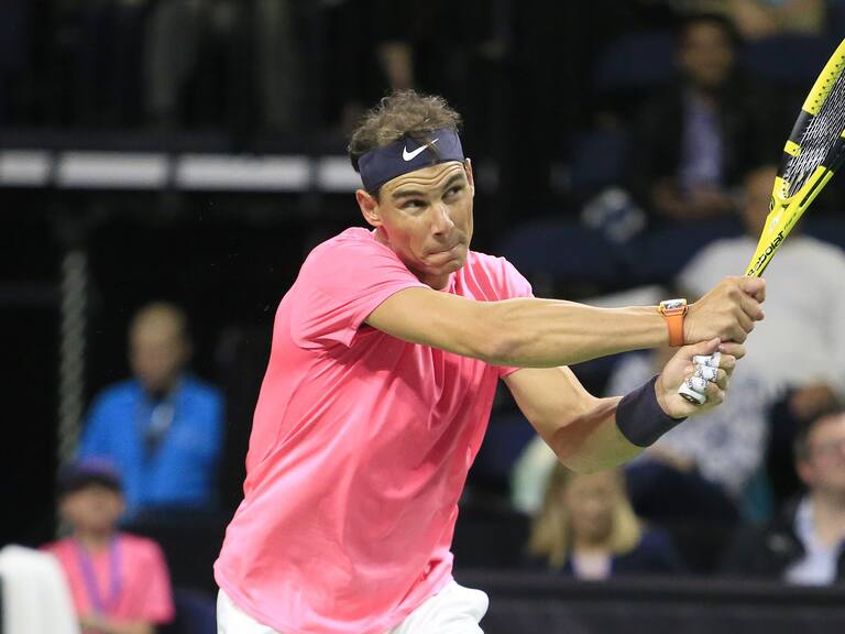 DULUTH, GA - MARCH 02: Rafael Nadal hits a backhand during the match on March 02, 2020 at Infinite Energy Arena in Duluth, GA. (Photo by David J. Griffin/Icon Sportswire via Getty Images)