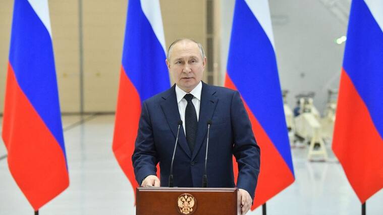 Russian President Vladimir Putin delivers a speech, as he visits the Vostochny cosmodrome, some 180 km north of Blagoveschensk, Amur region on April 12, 2022. (Photo by Yevgeny BIYATOV / Sputnik / AFP) (Photo by YEVGENY BIYATOV/Sputnik/AFP via Getty Images)