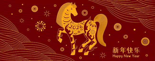 2026 Lunar New Year horse, clouds, fireworks, Chinese typography Happy New Year, gold on red. Vector illustration. Flat design. Traditional holiday card, banner, poster, decor element.