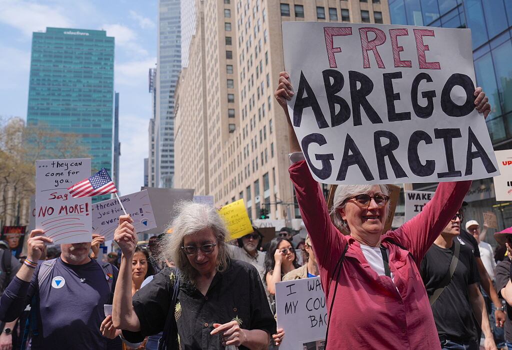 NEW YORK CITY, UNITED STATES APRIL 19: Protesters march through the streets of Manhattan during a demonstration against the administration of President Donald Trump in New York City on April 19, 2025. Thousands gathered with banners and signs to voice their opposition to the government's policies. (Photo by Selcuk Acar/Anadolu via Getty Images)
