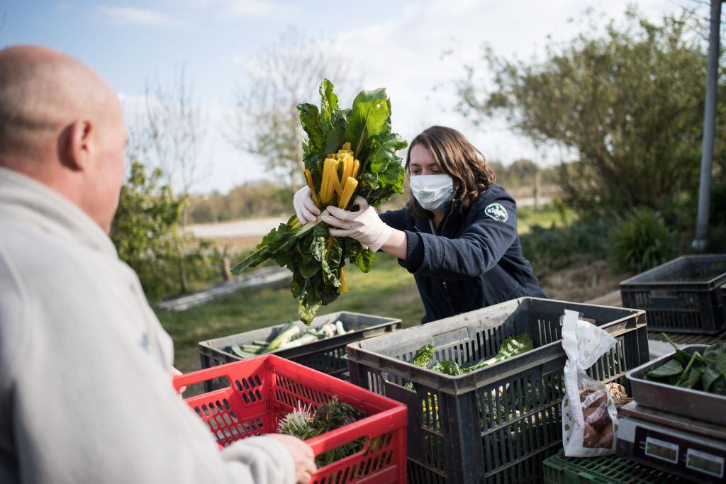 Una mujer prepara una canasta de vegetales en la ciudad francesa de Campbon