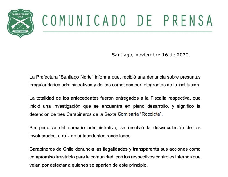 Comunicado por funcionarios desvinculados