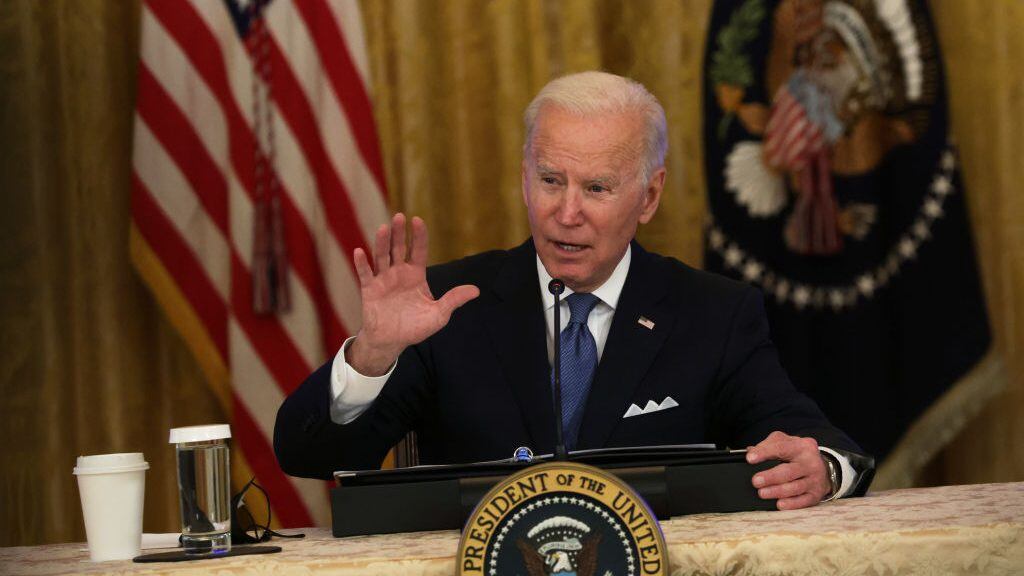 WASHINGTON, DC - JANUARY 24:  U.S. President Joe Biden speaks during a meeting with the White House Competition Council in the East Room of the White House January 24, 2022 in Washington, DC. Biden discussed efforts to lower prices for Americans laid out in his July 2021 executive order on promoting competition in the economy. (Photo by Alex Wong/Getty Images)