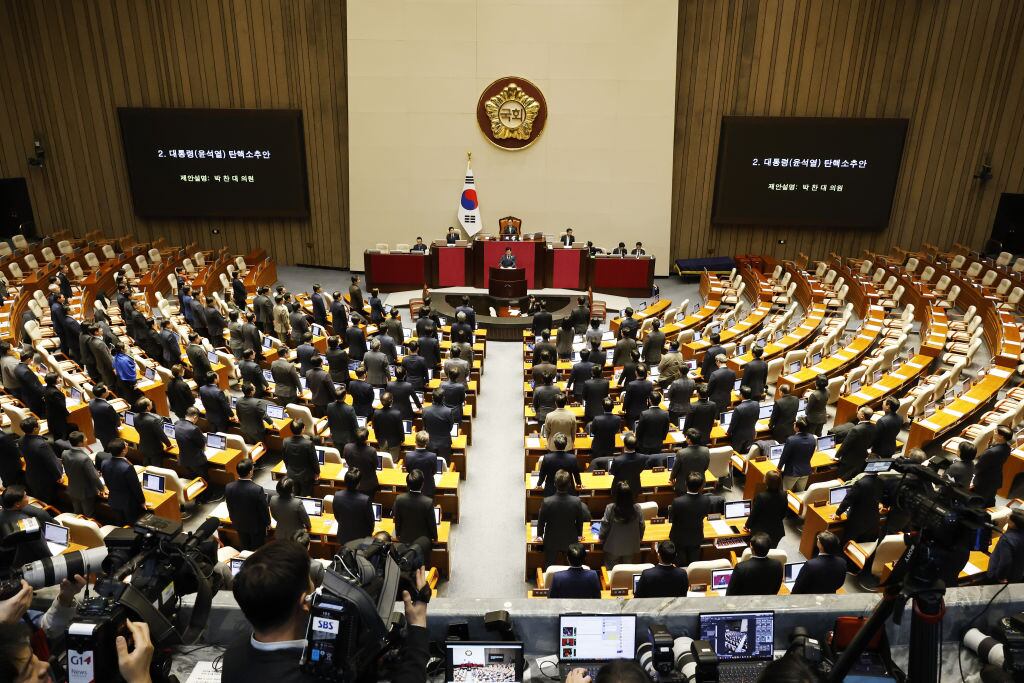 La vista del momento en que el partido oficialista abandona la Asamblea Nacional de Corea del Sur para bloquear la moción de destitución del presidente