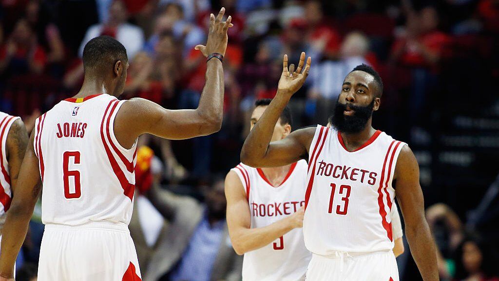 HOUSTON, TX - APRIL 01: James Harden #13 of the Houston Rockets celebrates a play with teammate Terrence Jones #6 during their game against the Sacramento Kings at the Toyota Center on April 1, 2015 in Houston, Texas. NOTE TO USER: User expressly acknowledges and agrees that, by downloading and/or using this photograph, user is consenting to the terms and conditions of the Getty Images License Agreement. (Photo by Scott Halleran/Getty Images)
